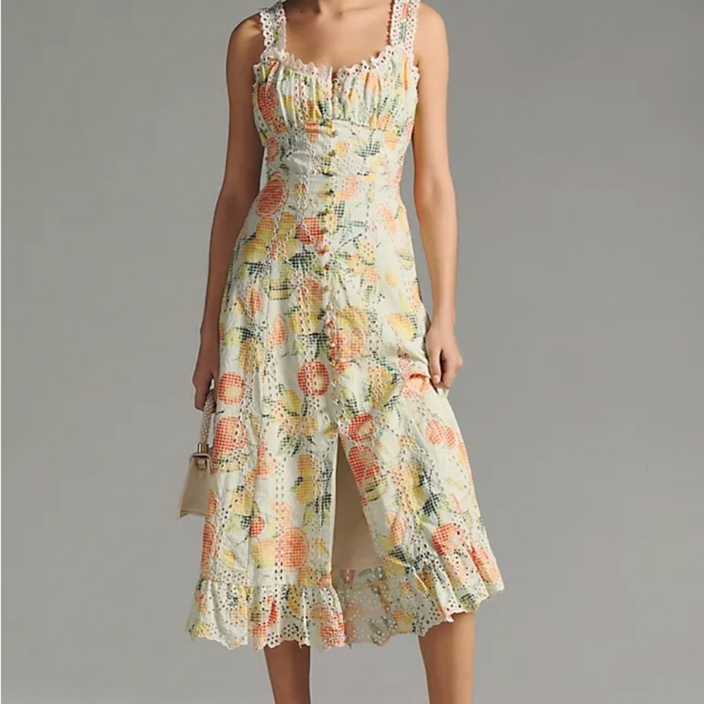 Anthropologie Floral Eyelet Midi Dress in Cream and Orange